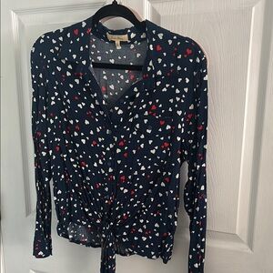 Love Notes Red and Blue 3/4 Sleeve Blouse with Tie Front and Notched Collar